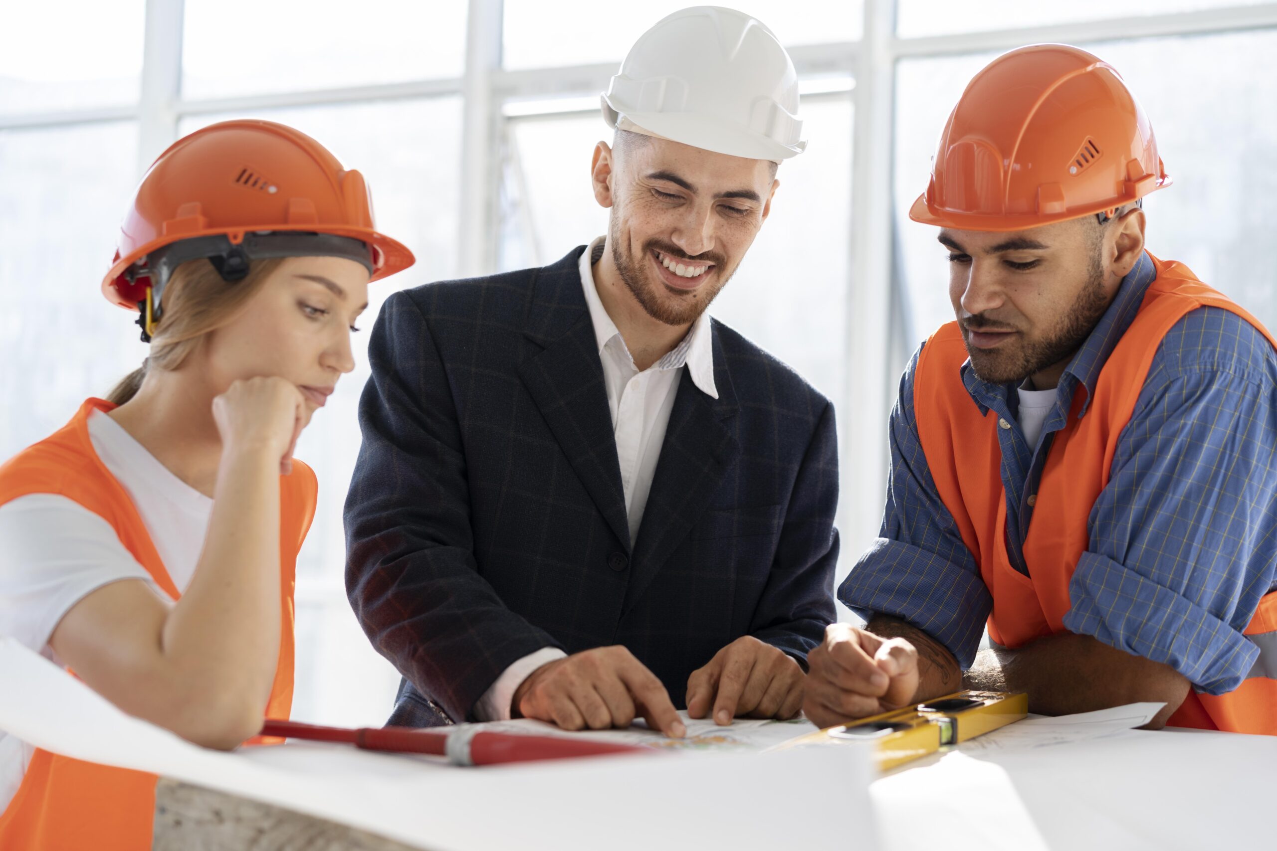building construction worker site with architect scaled